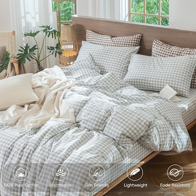 MooMee Gingham Duvet Cover Set 100% Washed Cotton Linen Like Textured Breathable Durable Soft Comfy Modern Checkered Design (Northern Droplet Grey Gingham, Twin 68"x90")
