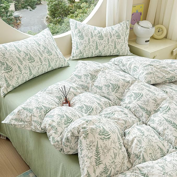LifeTB Muslin Duvet Cover Queen Size 100% Cotton Botanical Floral Comforter Cover Ultra Soft Cottagecore Bedding Set Lightweight Linen Feel Textured Breathable Gauze Duvet Cover with 2 Pillowcases