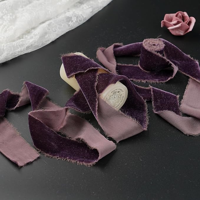 Plum Velvet Ribbon 1.5 Inch Frayed Silk Velvet Rustic Mauve Purple Christmas Ribbon for Gift Wrapping, Wedding Invitation Bridal Bouquet -3yards