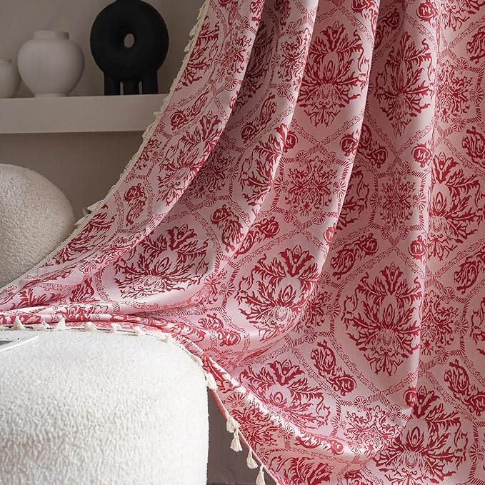 ENJOYBRIDAL Red Damask Curtains 96 Inches Living Room Bedroom Drapes 2 Panel Sets Vintage Semi Sheer Long Window Curtain Panels Dining Room Rod Pocket Jacquard Medallion Patterned Window Treatments
