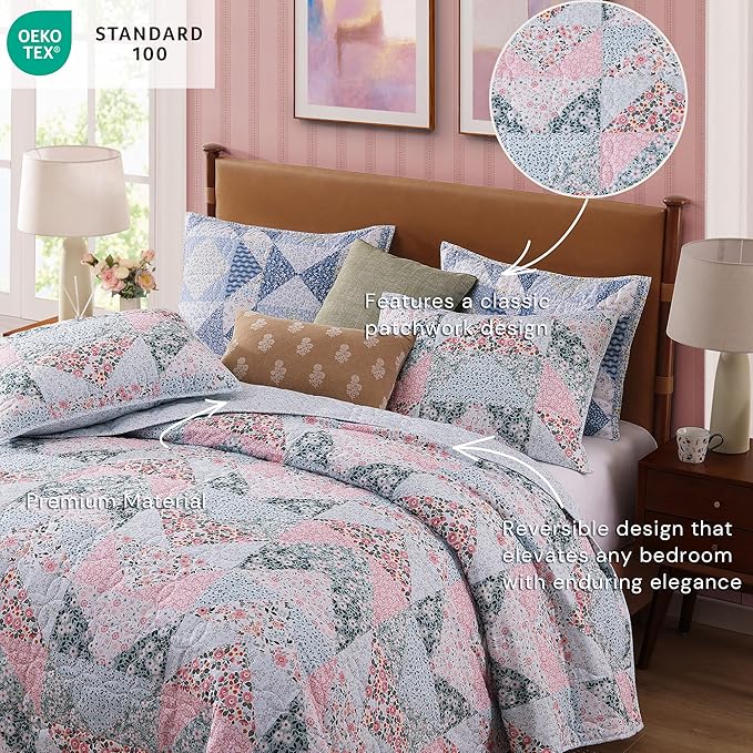 Quilt Set Twin Size, Patchwork Pink Floral Quilt Sets, Reversible Bedspread Lightweight and Breathable for All Seasons, Soft Quilted Bedspread with 1 Pillow Sham