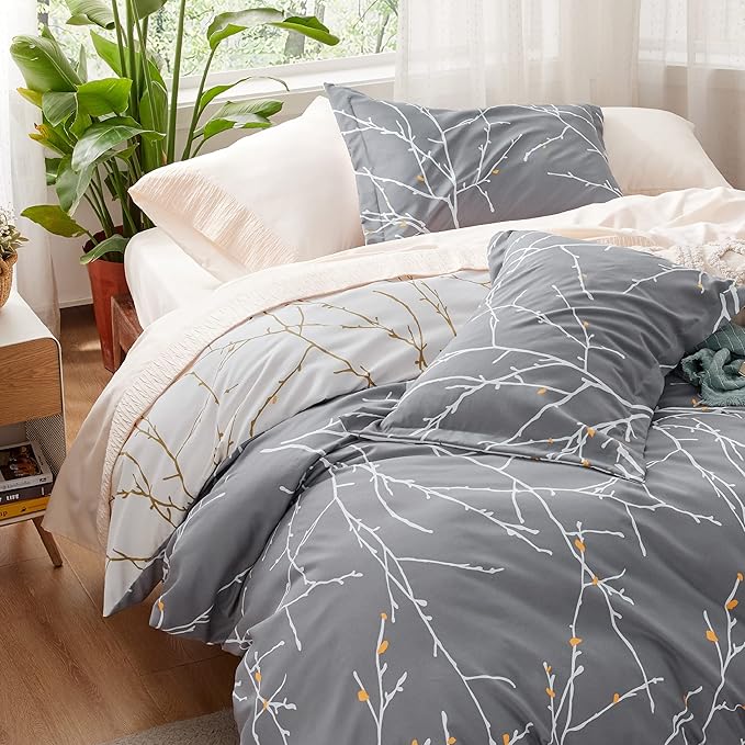 Bedsure Duvet Cover King Size - Reversible Tree Branch Duvet Cover Set with Zipper Closure, 3 Pieces Grey Bedding Set with 8 Corner Ties and 2 Pillow Shams 20"x36"