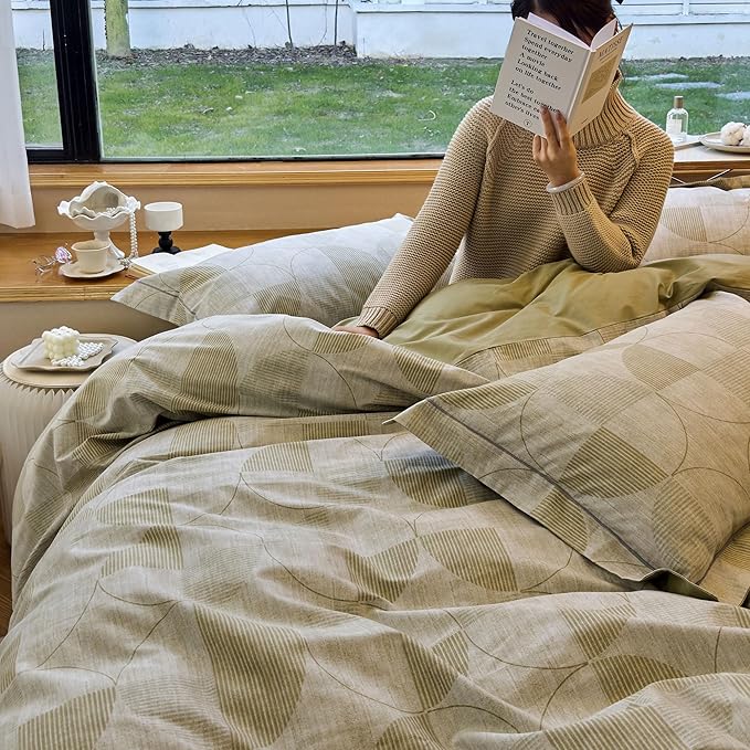 AOJIM Green Lines Duvet Cover Set with Simple Style Design, Pure Cotton Soft Comforter Cover Set 3pcs for Kids and Adults, 1 Cozy AB-Sided Quilt Cover Queen Size and 2 Matching Pillowcases, No Quilt
