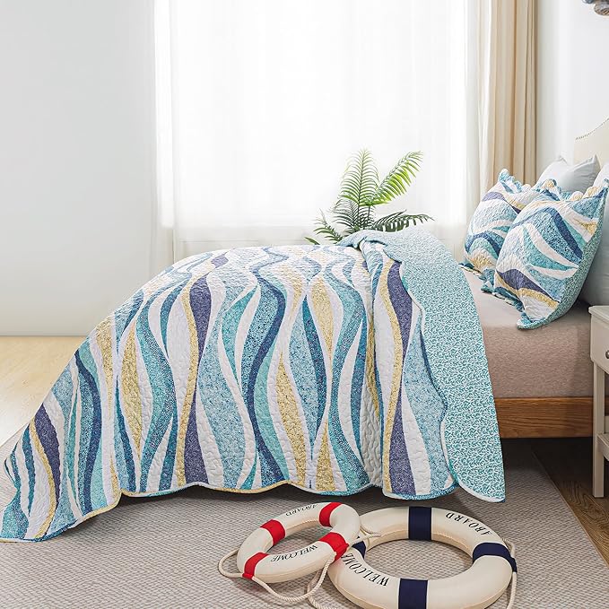HoneiLife Ocean Quilt Queen Size - 3 Pieces Beach Quilt Sets Coastal Bedspreads Nautical Coverlets Lightweight Bed Cover, Queen Quilt Bedding Set All Season Quilts