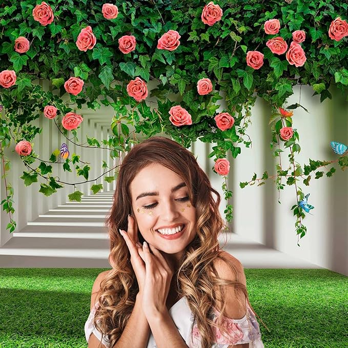 Rose Flowers Backdrop Red Rose Flowers and Green Leaves with Butterflies Photography Background Spring Alley Green Grass Backdrops Outdoor Wedding Party Decorations Photo Studio Props 15x10ft