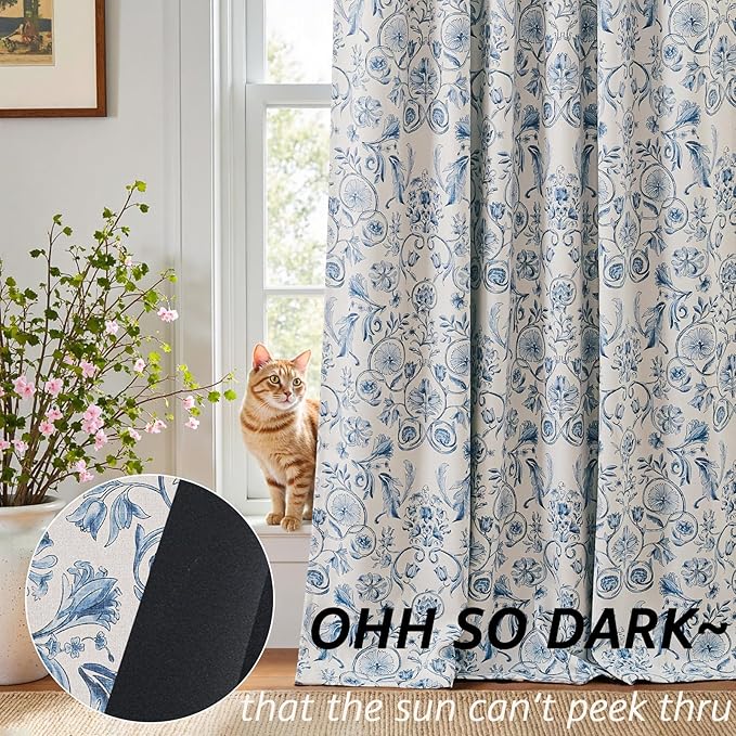 jinchan Floral Blackout Curtains for Bedroom Living Room 96 Inches Length Farmhouse Curtains Room Darkening Vintage Drapes Traditional Rod Pocket Window Treatment 2 Panels Set Blue on Beige