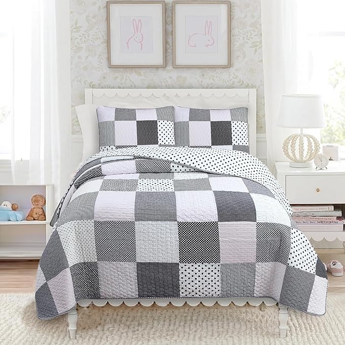 Cozy Line Home Fashions Black White Pink Polka Dots Striped Star Girl 100% Cotton Reversible Quilt Bedding Set, All-Season Coverlet Bedspread (Black Pink, Queen - 2 Piece)