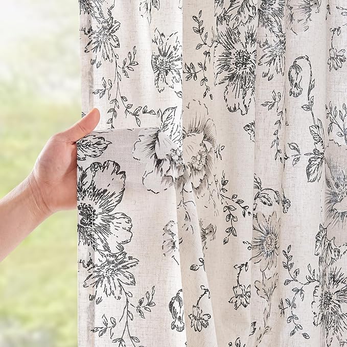 jinchan Linen Blend Curtain Floral Curtains for Living Room 84 Inch Length Farmhouse Curtain Rod Pocket Back Tab Black Printed Peony Flower Patterned Drapes Bedroom Window Curtains Set 2 Panels
