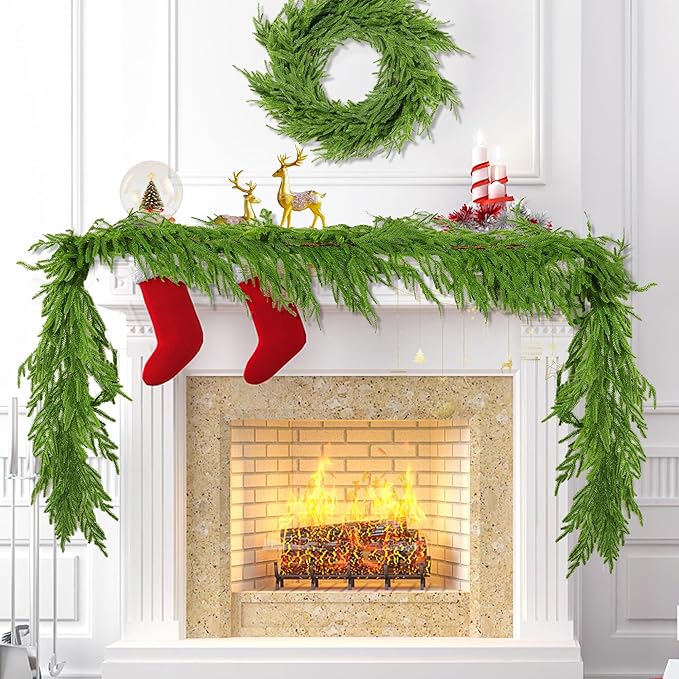 9 Ft Christmas Norfolk Pine Garland Real Touch Artificial Faux Greenery Christmas Garland Decorations for Home Mantle Table Fireplace Stairs Door Indoor Outdoor Holiday Decor