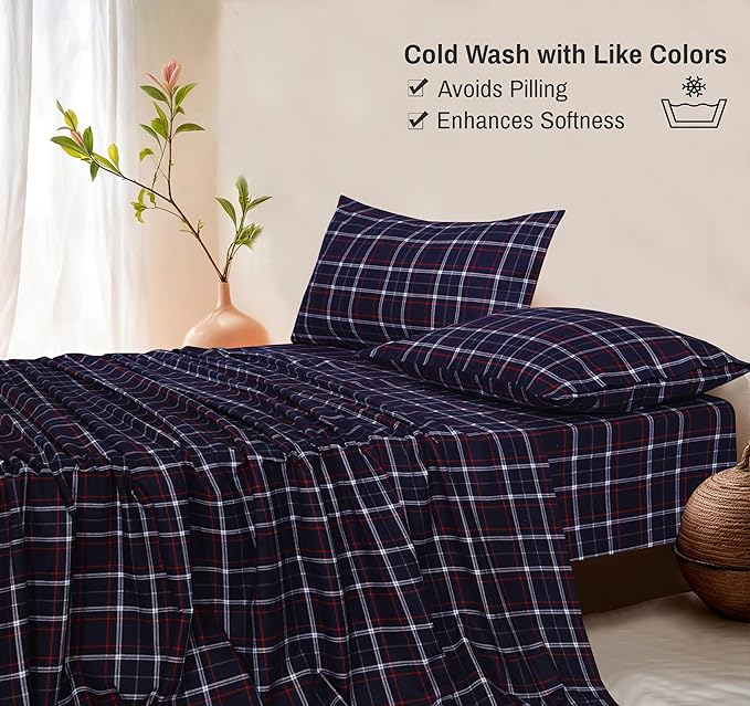 RUVANTI Flannel Sheets Queen Size - 100% Cotton Double Brushed Bed Sheets, Deep Pockets 16 Inches Queen Sheet Set, All Seasons Breathable & Extra Soft - Warm & Cozy, 4 Piece, Yankees Blue