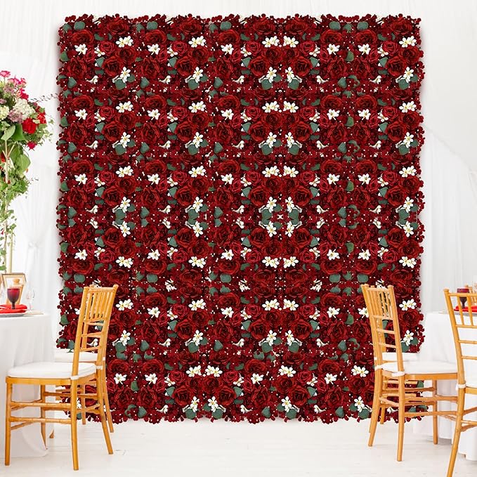 Pack of 12 Artificial Silk Flower Panels, Faux Floral Wall Background for Wedding Party Engagement Bridal Shower Arrangement Home Decorations - Burgundy