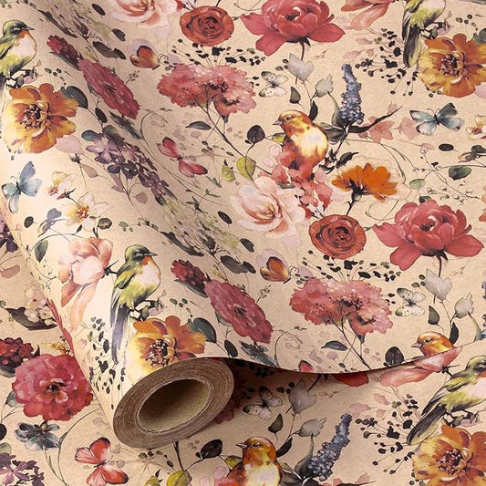 RUSPEPA Blooming Flower Wrapping Paper with Bird and Butterfly Design, 17 in x 32.8 ft Each Roll, Mini Roll Kraft Floral Wrapping Paper for Girls, Women, Spring and Birthday