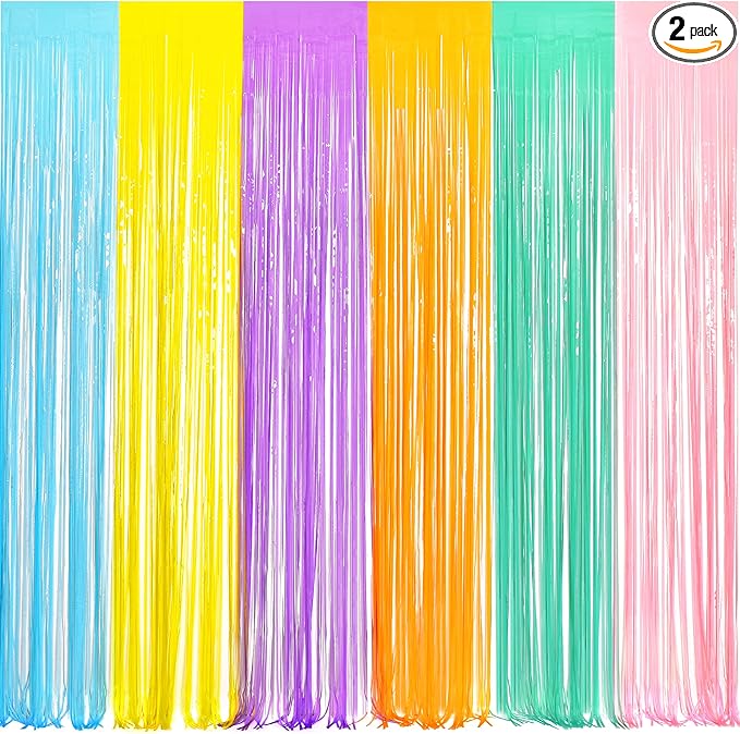 BRAVESHINE Tinsel Foil Fringe Curtains - 2Pcs 3.2x8.2ft Pastel Colourful Photo Backdrop for Christmas New Years Princess Birthdays Easter Bunny Bridal Shower Fairy Kids Candy Donuts Party Decorations