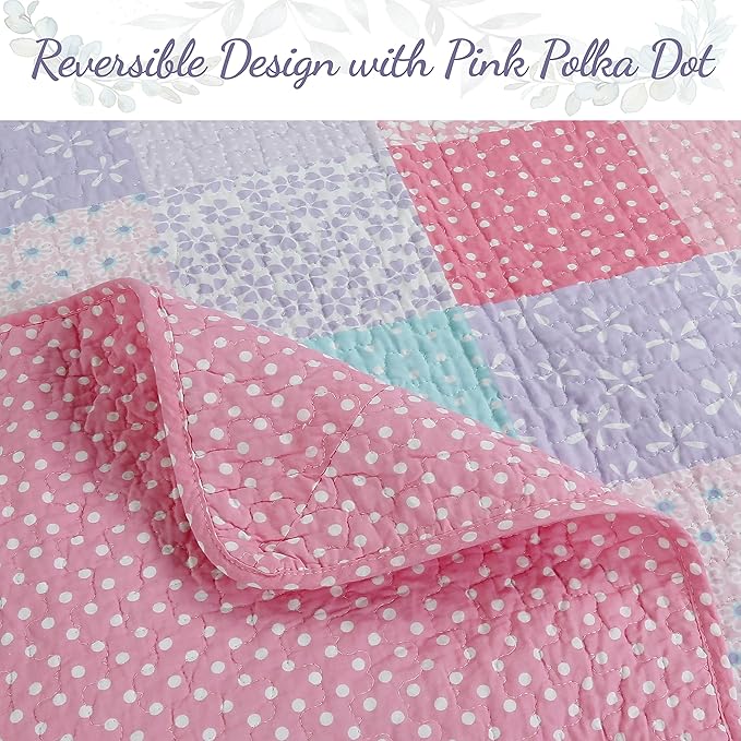 Cozy Line Home Fashions Angelina Floral Dot Pink Light Purple Blue 100% Cotton Reversible Girl Quilt Bedding Set, Bedspread, Coverlet (Twin - 2 Piece)