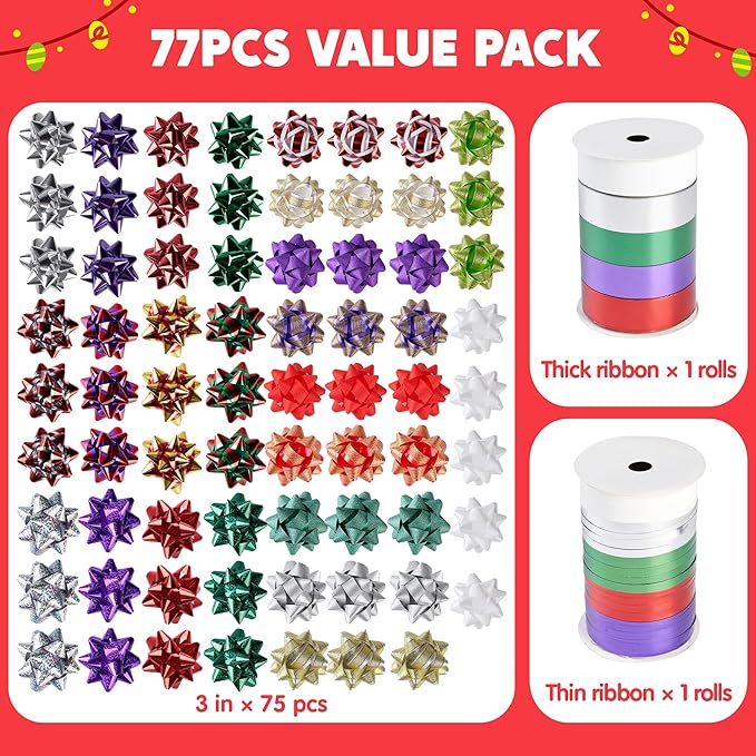 JOYIN 75PCS Christmas Bows Assortment with 2 Rolls of Curling Ribbons,5 Colors Self Adhesive Gift Bows for Gift Wrapping, Birthday Wedding Easter Xmas Presents Boxes Decoration
