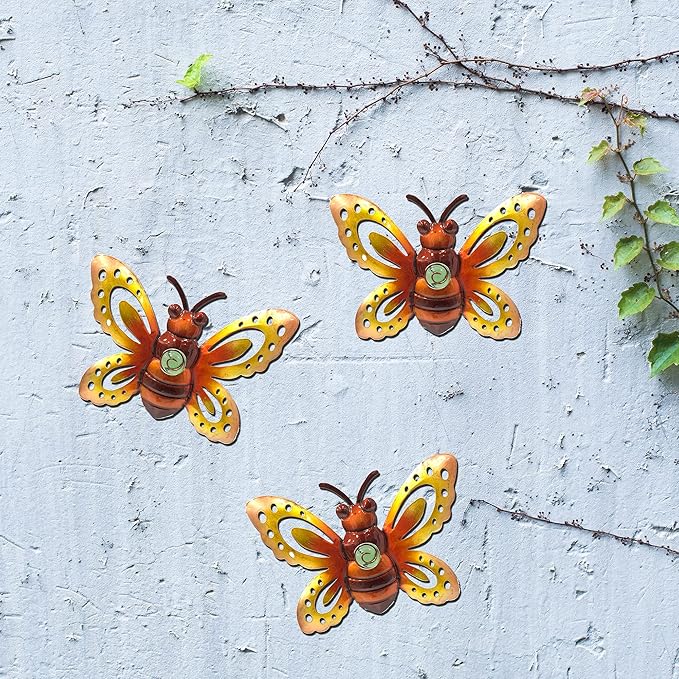 Garden Decor Clearance Metal Bee Wall Art Sculpture, Large Bee Wall Decor Christmas Garden Decoration Hanging for Yard Lawn Patio Living Room Bedroom, 3 Pack, Gift for Family