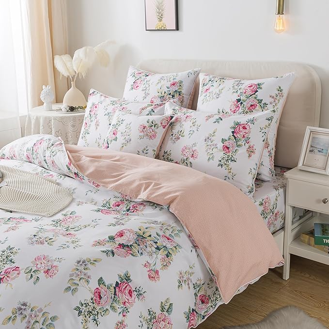 FADFAY Duvet Cover Set Queen Pink Rose Floral Bedding Shabby Peony Flower Quilt Cover Set Vintage Farmhouse Bedding 100% Cotton Soft Comforter Cover Set with Hidden Zipper Closure 3Pcs, Queen Size