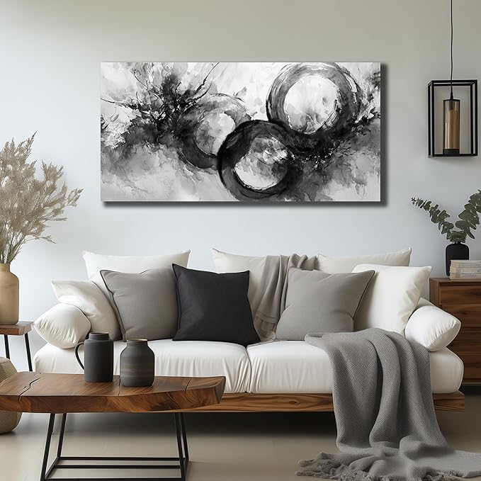 JuhaiArt Black Wall Art Large Abstract Picture Wall Decor White Canvas Art Circle Modern Artwork for Living Room Office 24"x 48"