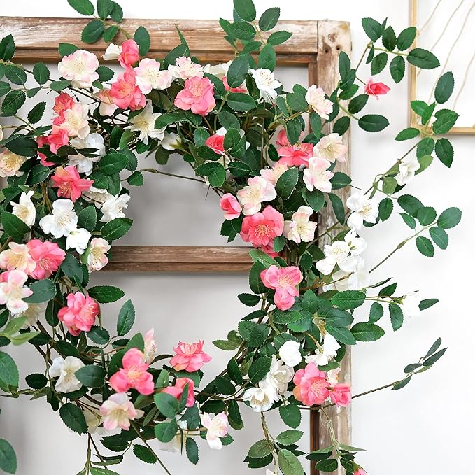 FiveSeasonStuff Bendable Posh Pink Flower Garlands, Artificial Silk Wild Roses Vine Leaves Hanging Flowers for Wall Decoration Basket Trellis Wedding Home 2 Pack 12 ft