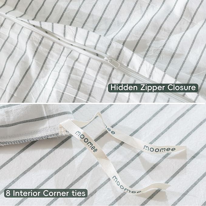 MooMee Striped Duvet Cover Set 100% Washed Cotton Linen Like Textured Breathable Durable Soft Comfy (White Heathered Green Wide Stripes, Super Queen 90"x98")