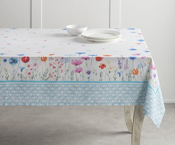 Maison d' Hermine Table Cloth Square Table 100% Cotton 60 x 60 Inches Tablecloth Reusable Decorative for Dining Room, Farmhouse, Home, Party, Festive & Wedding Spring Summer - Flower in The Field