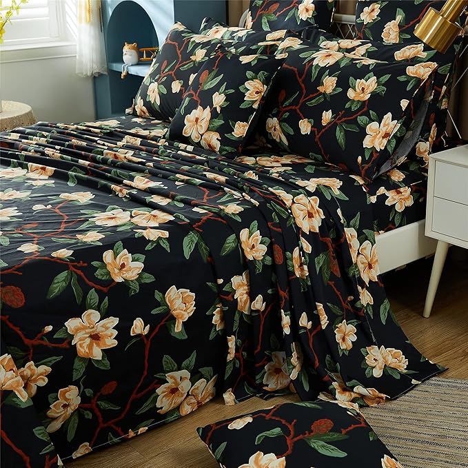 FADFAY Sheets Set Twin Shabby Black and Yellow Floral Bedding Elegant Peony Sheets Set Vintage Farmhouse Bedding Soft 100% Egyptian Cotton 800 Thread Count Deep Pocket Fitted Sheet, 4Pcs-Twin Size