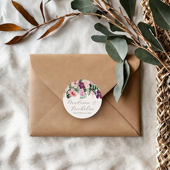 Personalized Floral Wedding Stickers with Your Choice of 30 Flower Styles - Choose Font and One of Five Pre-made Phrases or Add Custom Text (7 - Tropical Flowers)