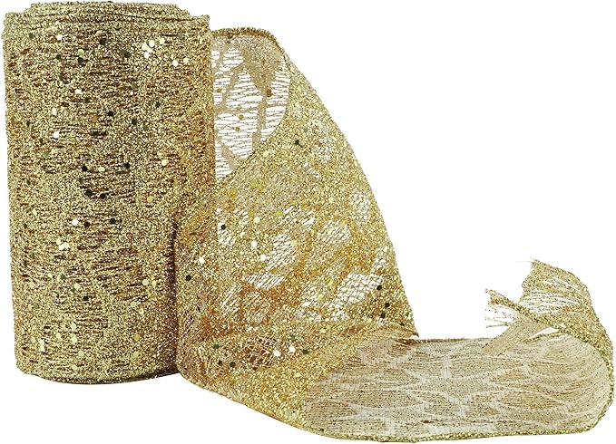 MEEDEE 6 Inch Wide Wired Ribbon Gold Glitter Mesh Web Wired Edge Ribbon by 10 Yards Roll Gold Mesh Wired Ribbons for Christmas Tree, Garland, Holiday Crafts, Wreaths, Bows, Centerpiece, Gift Wrapping