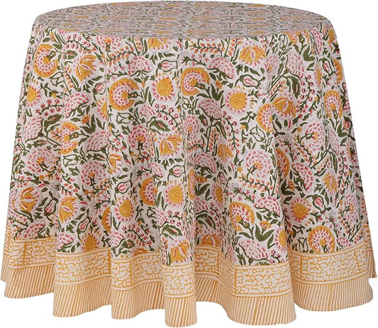 ATOSII Clover Yellow 100% Cotton Round Tablecloth, Handblock Print Floral Table Cloth for Kitchen Dining Linen I Parties, Weddings, Outdoors, Christmas, Thanksgiving I Fall Home Decor 60" Inches Round