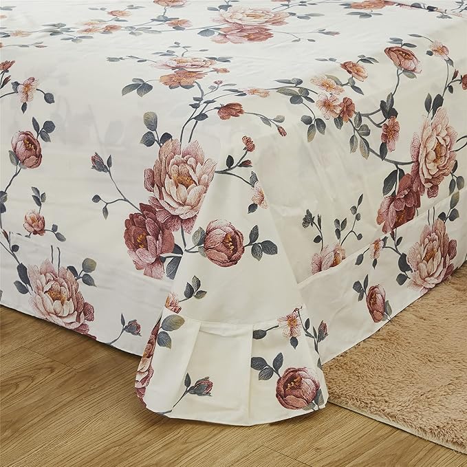 FADFAY Sheets Set Full Shabby Beige Floral Bedding Elegant Peony Sheets Set Vintage Flower Bedding Collections Soft 100% Egyptian Cotton 800 Thread Count Deep Pocket Fitted Sheet, 4Pcs-Full Size
