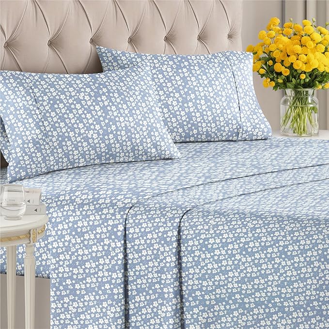 Floral Sheets - Blue Floral Bed Sheet Set - 1 Flat, 1 Fitted & 2 Pillowcases w/ Deep Pockets - Comfy, Wrinkle & Fade Free - Boho Botanical Bedding - Ultra-Soft, Breathable & Cooling - Queen Size Set