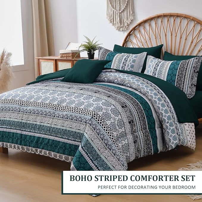Cottolester Boho Comforter Set King Size,8 Pieces Emerald Green Bohemian Striped Bed in a Bag,Paisley Soft Microfiber Bedding Comforter Set