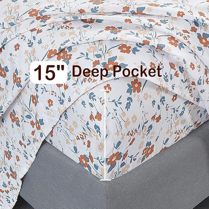 Softan Floral Queen Sheet Set Orange Flower Printed Bed Sheets - 4 Piece Soft Microfiber Patterned Fitted Sheets with 15" Deep Pocket and Corner Straps, Cute Spring Sheets & Pillowcase Set