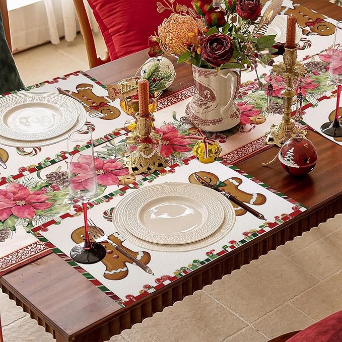 Christmas Candy Canes Placemats Set of 4, Placemats for Dining Table,Heat Resistant Stain Resistant Wipeable Table Mats for Kitchen Dining Holiday Party Home Decor,12x18 Inch
