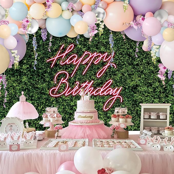 Riyidecor Green Leaves Happy Birthday Backdrop Polyester Fabric for Women Girls Neon Balloons Flower Wall Spring 7Wx5H Feet Rustic Plant Botanical Photography Background Birthday Photo Studio Shoot