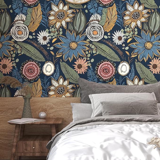 Boho Wallpaper Peel and Stick, Dark Vintage Floral Contact Paper, Retro Botanical Flower Wall Paper Self Adhesive Removable Waterproof for Walls Shelf Cabinet Table 17.5" x 78.7" (Blue,Yellow, Green)