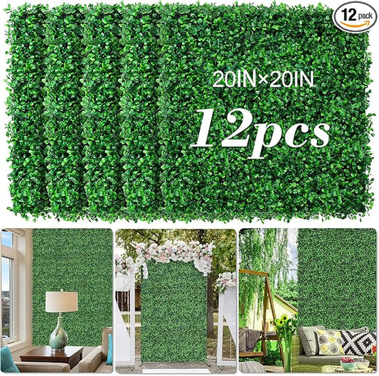 AOKIE 20"X20" Artificial Grass Wall, 12Pcs Boxwood Hedge Wall Panels UV-Anti Grass Backdrop Wall Decor, Greenery Privacy Hedge Screen for Indoor Outdoor Patio Balcony, Party Garden Fence Decor