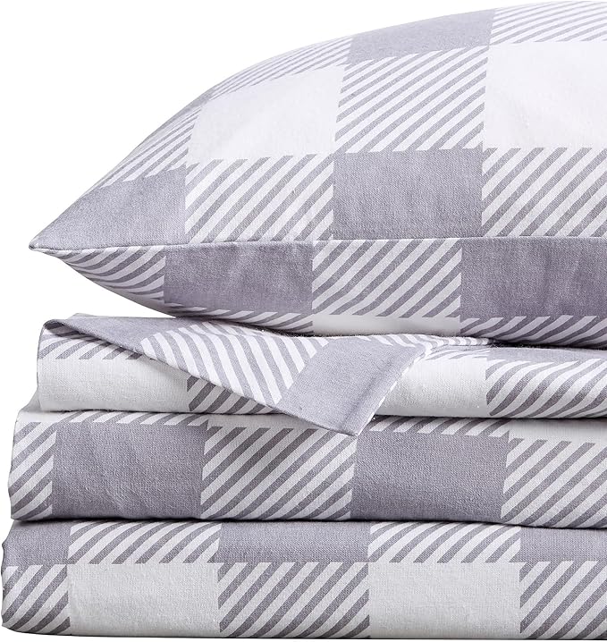 Market & Place 100% Turkish Cotton Flannel Sheet Set | 3 Piece Deep Pocket Novelty Cozy Winter Bed Sheets | Double Brushed for Extra Softness & Comfort | Alpine Collection (Twin, Buffalo Check Grey)