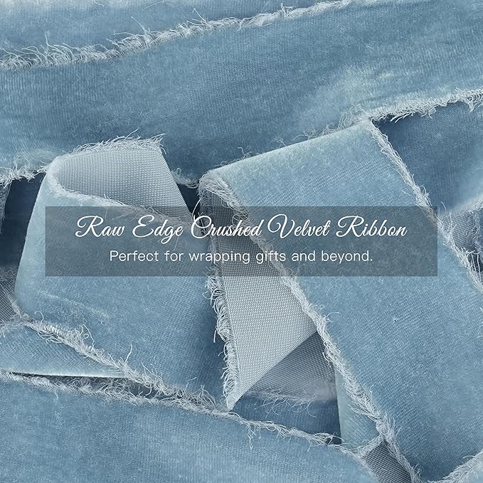 MAYREEL 2 Inch Dusty Blue Velvet Ribbon Hand Torn Slate Blue Silk Frayed Edge for Bridal Bouquets Invitations Wedding Vow Books Gift Baskets Hair Bows 3 Yards