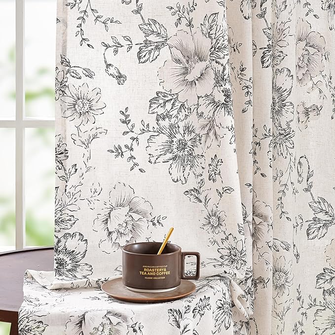 jinchan Linen Blend Curtain Floral Curtains for Living Room 84 Inch Length Farmhouse Curtain Rod Pocket Back Tab Black Printed Peony Flower Patterned Drapes Bedroom Window Curtains Set 2 Panels