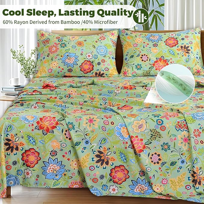 Bedlifes Extra Deep Pocket 18-24" King 4-Piece Sheet Set - Cooling Sheets Blend Rayon Derived from Bamboo Soft & Breathable Floral Sage Green