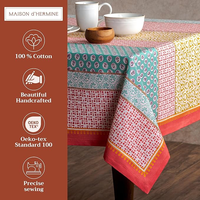 Maison d' Hermine Table Cloth Rectangle Table 100% Cotton 70 x 108 Inches Tablecloth Reusable Decorative Everyday Use for Dining Room, Farmhouse, Home Party, Festive & Wedding Spring Summer - Provence