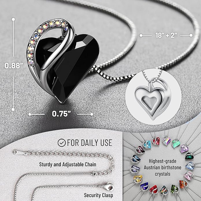 Leafael Necklaces for Women, Infinity Love Birthstone Heart Crystal Pendant, Birthday Jewelry Gifts for Her, Mom, and Wife, Silver Plated, 18 plus 2 inch Adjustable Chain