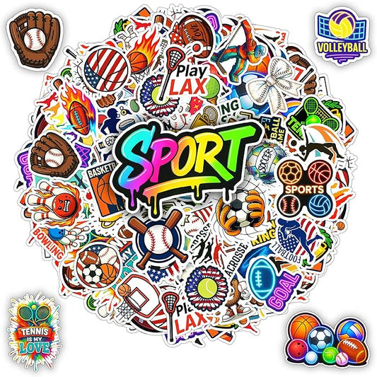 100 PCS Sports Collage Stickers Pack, Vinyl Waterproof Decals of Soccer Basketball Baseball Tennis Football Hockey Bowling, Motivational Gift for Teens Adults Wall Laptop Water Bottle