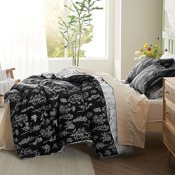Bedsure California King Comforter Set - Black Bed Set, 3 Pieces Cute Floral Bedding, 1 Soft Reversible Botanical Flowers Comforter and 2 Pillow Shams