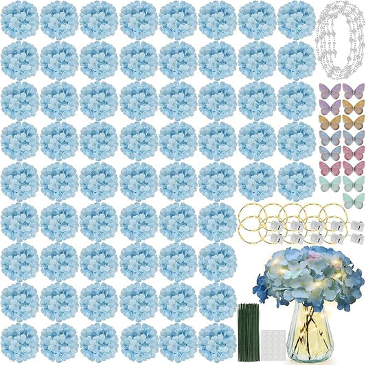 64PCS Artificial Hydrangea Flowers with Stems, Silk Flower Heads with 15 Butterfly, Crystal Strings and LED Lights for Wedding Arch, Centerpiece, Home, Garden Party Décor (64, Blue)