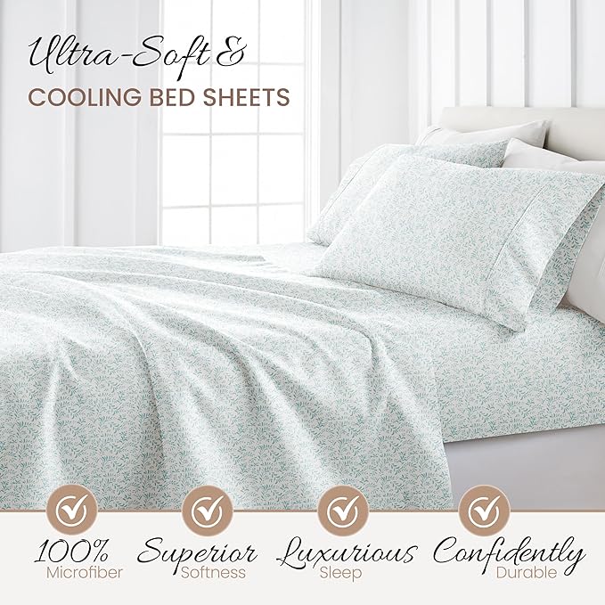Linen Market Patterned Microfiber Full Sheet Set 4 Piece – Oeko-TEX Certified Ultra Soft & Wrinkle-Free - 16" Deep Pocket Sheets - Easy Care Full Size - Burst of Vines Light Blue