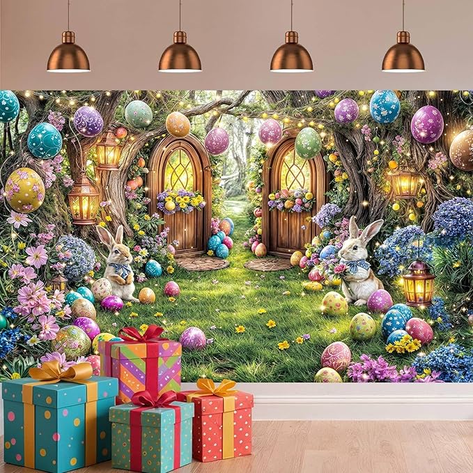 7X5ft Enchanted Forest Easter Backdrop Fairy Tale Rabbit Magic Garden Easter Egg Wonderland Floral Photography Background for Kids Girls Party Decoration Cake Table Photo Booth Props