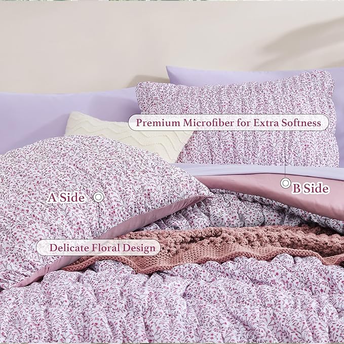Queen Comforter Set - 7 Pieces Light Purple Puff Floral Bedding Sets for All Seasons, Shabby Chic Farmhouse Bed in a Bag Queen with Wildflowers Fluffy Comforter, Sheets, Pillowcases & Shams