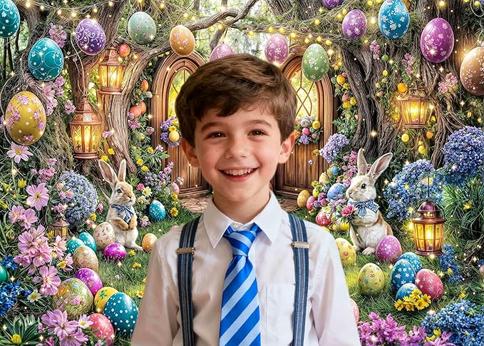 12X10ft Enchanted Forest Easter Backdrop Fairy Tale Rabbit Magic Garden Easter Egg Wonderland Floral Photography Background for Kids Girls Party Decoration Cake Table Photo Booth Props
